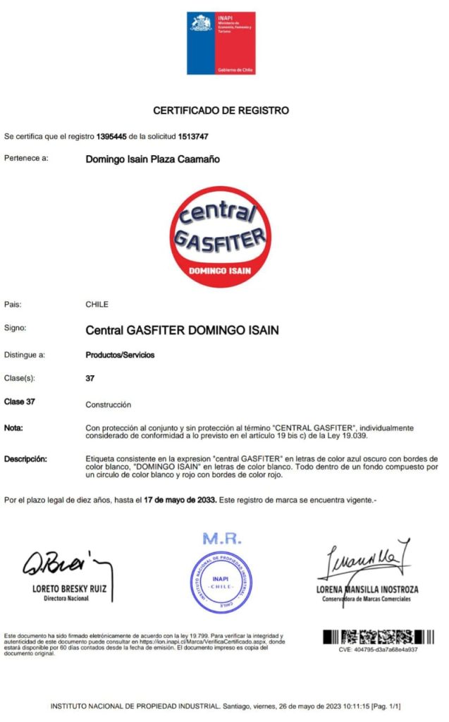 Central Gasfiter, Marca Registrada Clase 37 Construcción 